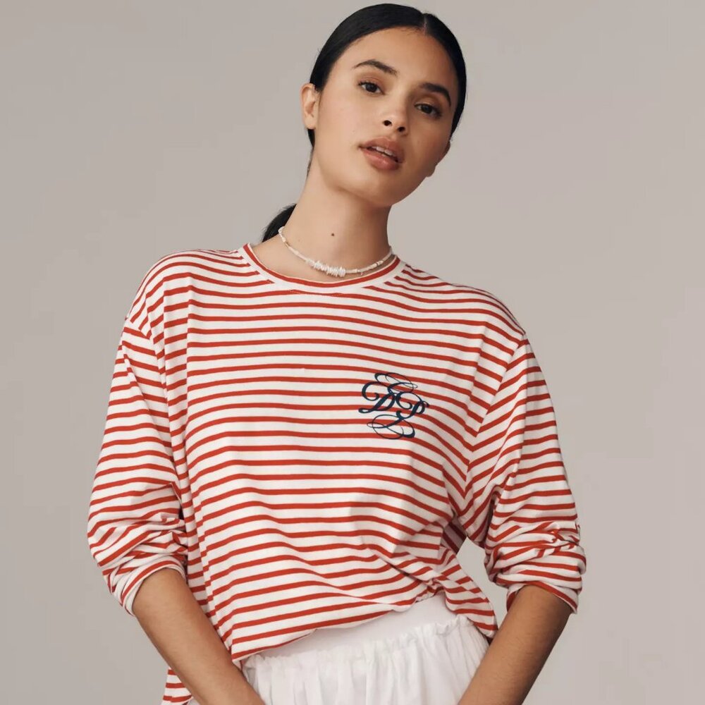 NWT Anthropologie Daily Practice ❤️ Red Stripe Cotton Long-Sleeve Tee